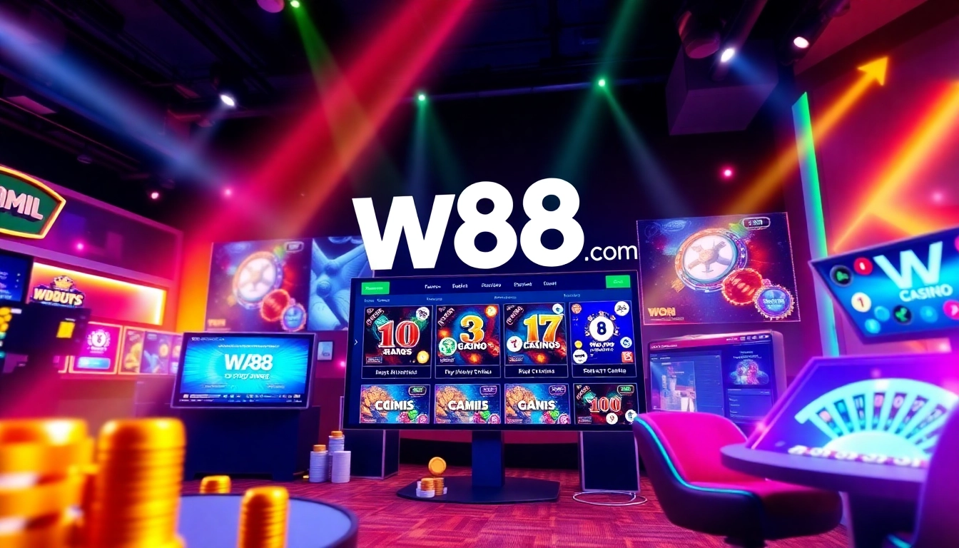Engaging online casino with vibrant w88 com branding, showcasing slots and live games to attract players.