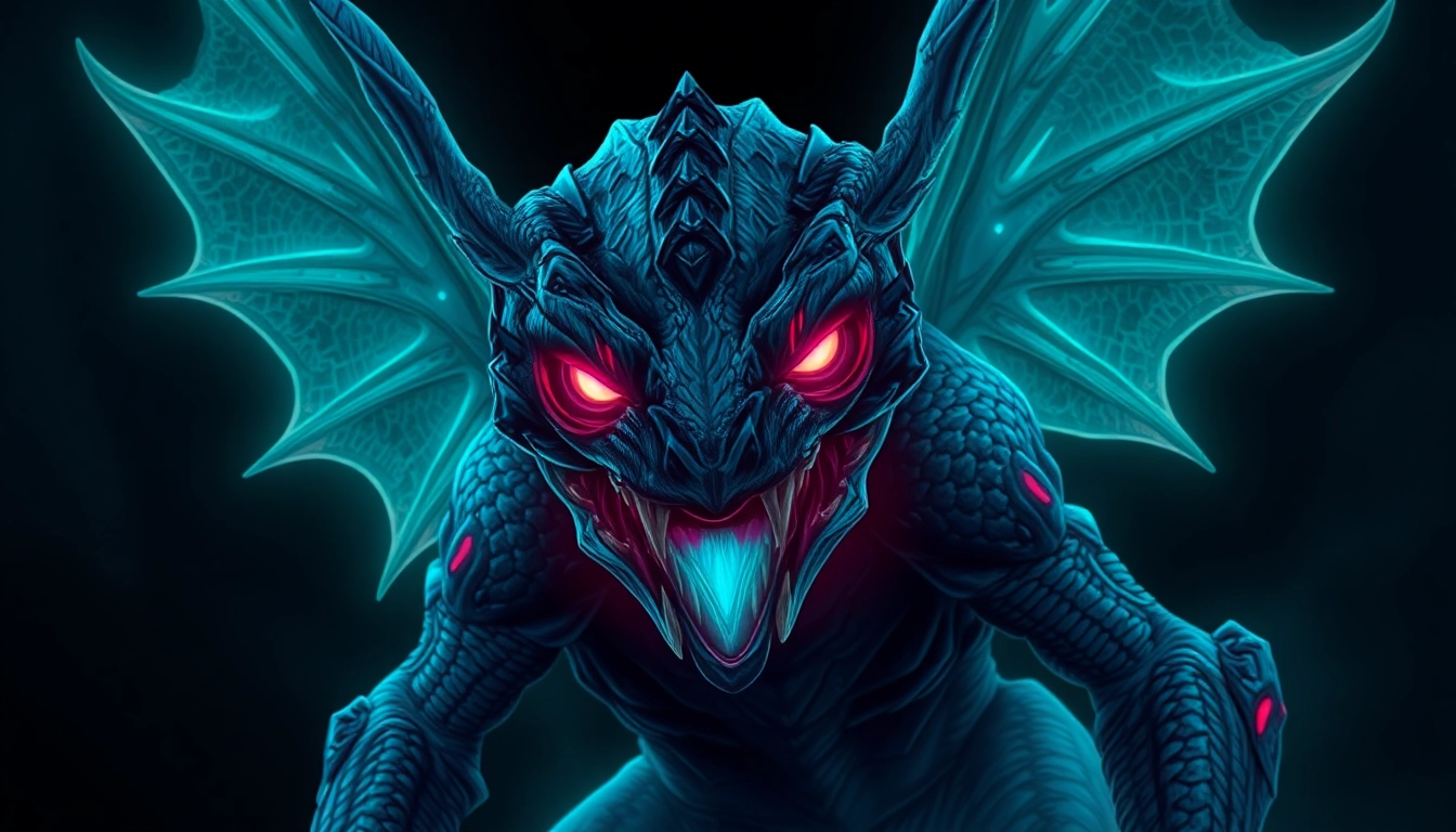 Vivid depiction of a creature from 789f.monster with glowing eyes and textured scales in a dark, futuristic setting.