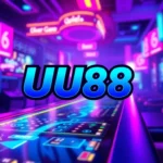 Engaging image featuring the UU88 logo on an online casino platform with vibrant lighting and gaming elements for a captivating user experience.