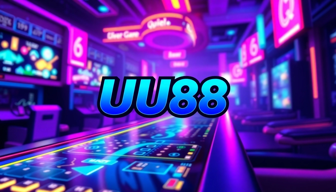 Engaging image featuring the UU88 logo on an online casino platform with vibrant lighting and gaming elements for a captivating user experience.