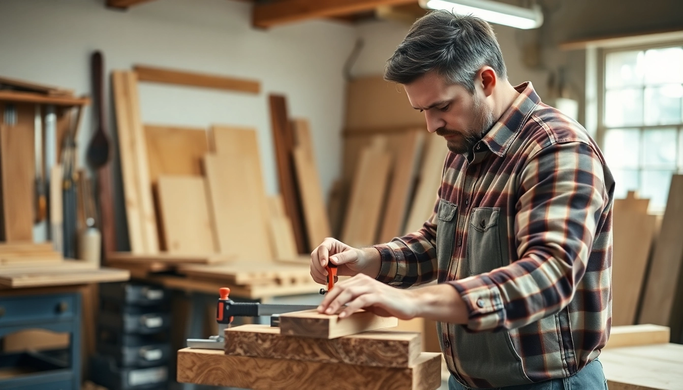 A professional carpenter expertly measuring wood with tools in a bright workshop setting.