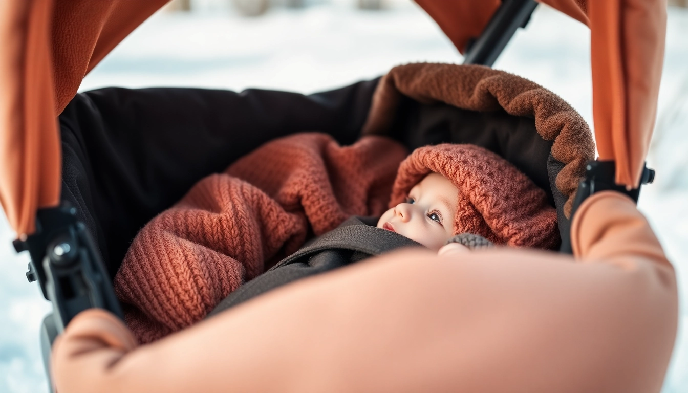 Paras lämpöpussi in use inside a stroller, providing warmth and comfort for a baby during winter walks, highlighting practical design and insulation features.