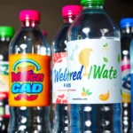 Display of striking custom water bottle labels in waterproof materials with bright, eye-catching designs, ideal for events and branding needs.