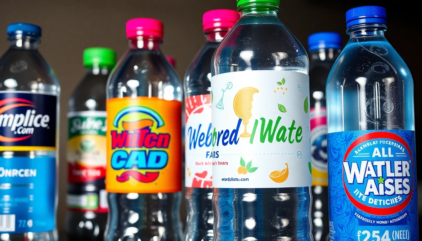Display of striking custom water bottle labels in waterproof materials with bright, eye-catching designs, ideal for events and branding needs.
