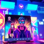 Futuristic digital social media platform with customizable avatars and AI characters interacting in a neon-lit environment.