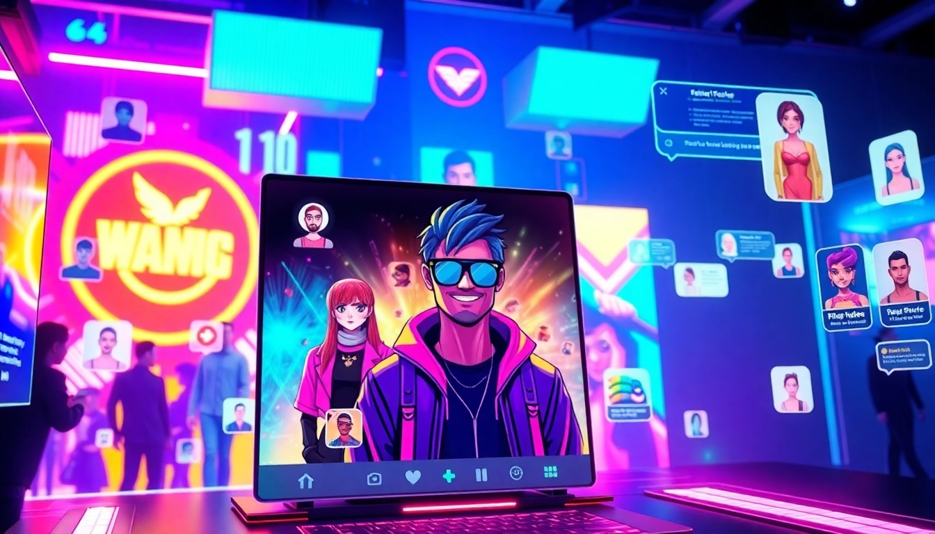 Futuristic digital social media platform with customizable avatars and AI characters interacting in a neon-lit environment.