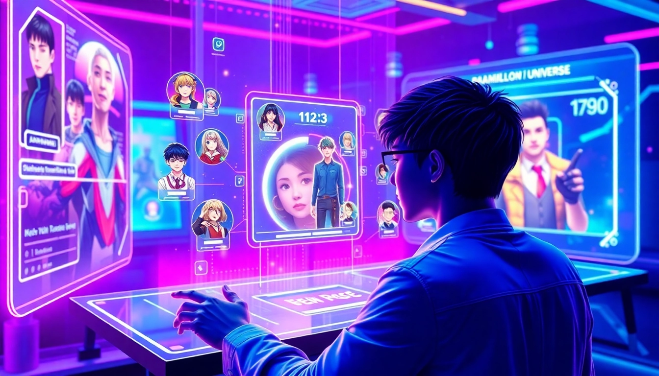 Futuristic digital social media interface with AI characters and fandom icons.