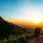 Guided hike in a scenic mountain landscape with hikers following a well-marked trail, capturing adventure and guidance in nature.