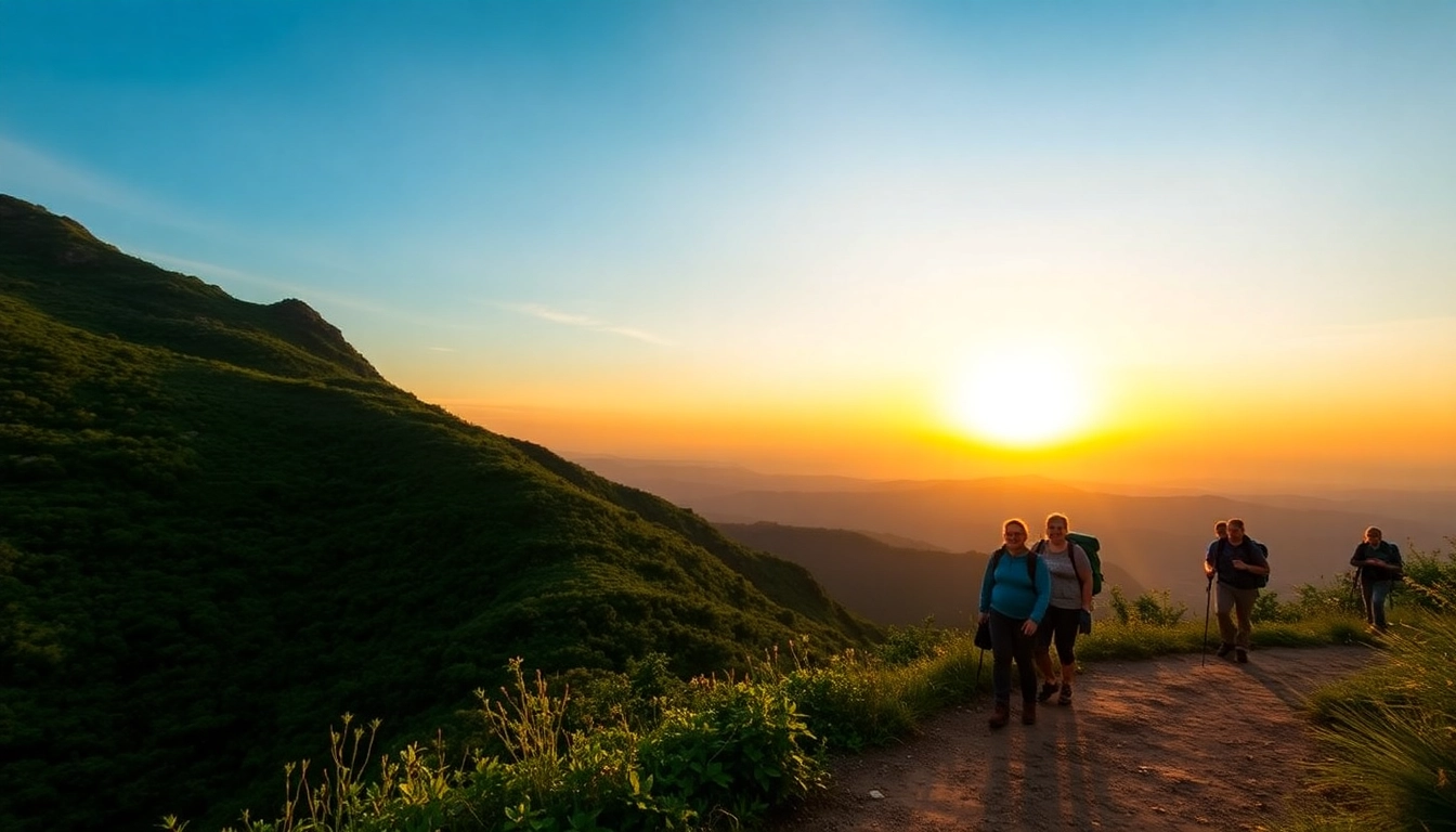 Guided hike in a scenic mountain landscape with hikers following a well-marked trail, capturing adventure and guidance in nature.