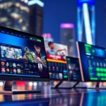 繁忙的線上體育博彩平台界面，展示多彩的賽事資訊與 betting links，背後是閃爍的城市夜景，營造出科技感與活力。