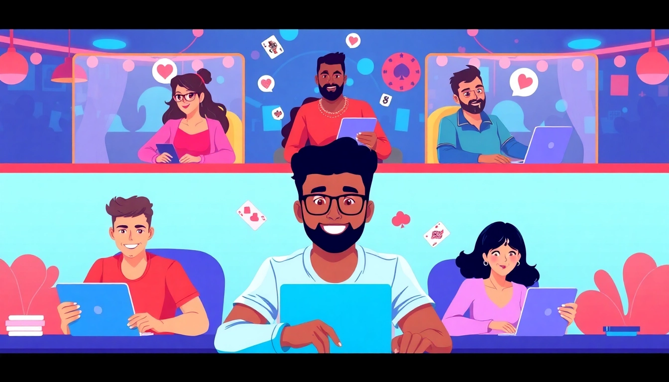 Best pokerbros clubs featured with players enjoying online poker tournaments on devices in a lively, colorful setting.