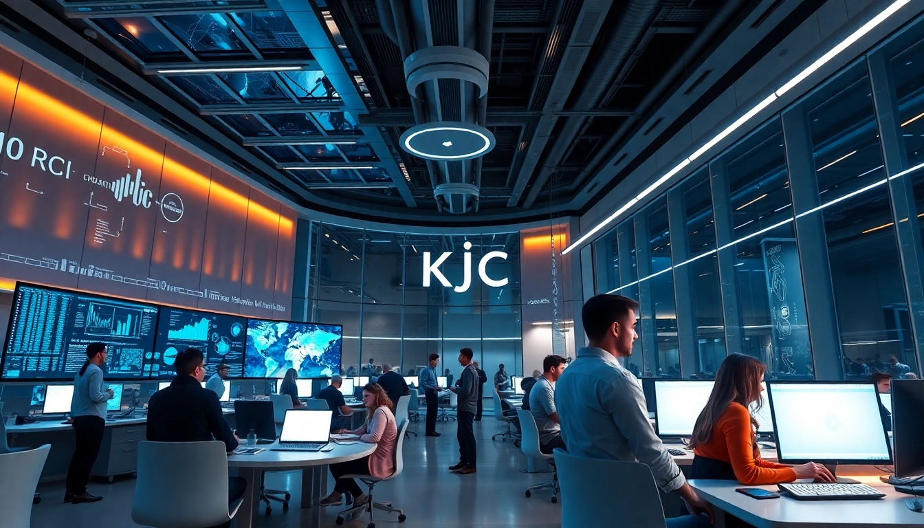 KJC logo displayed prominently on a cutting-edge digital billboard, representing trust and innovation in international media and entertainment.