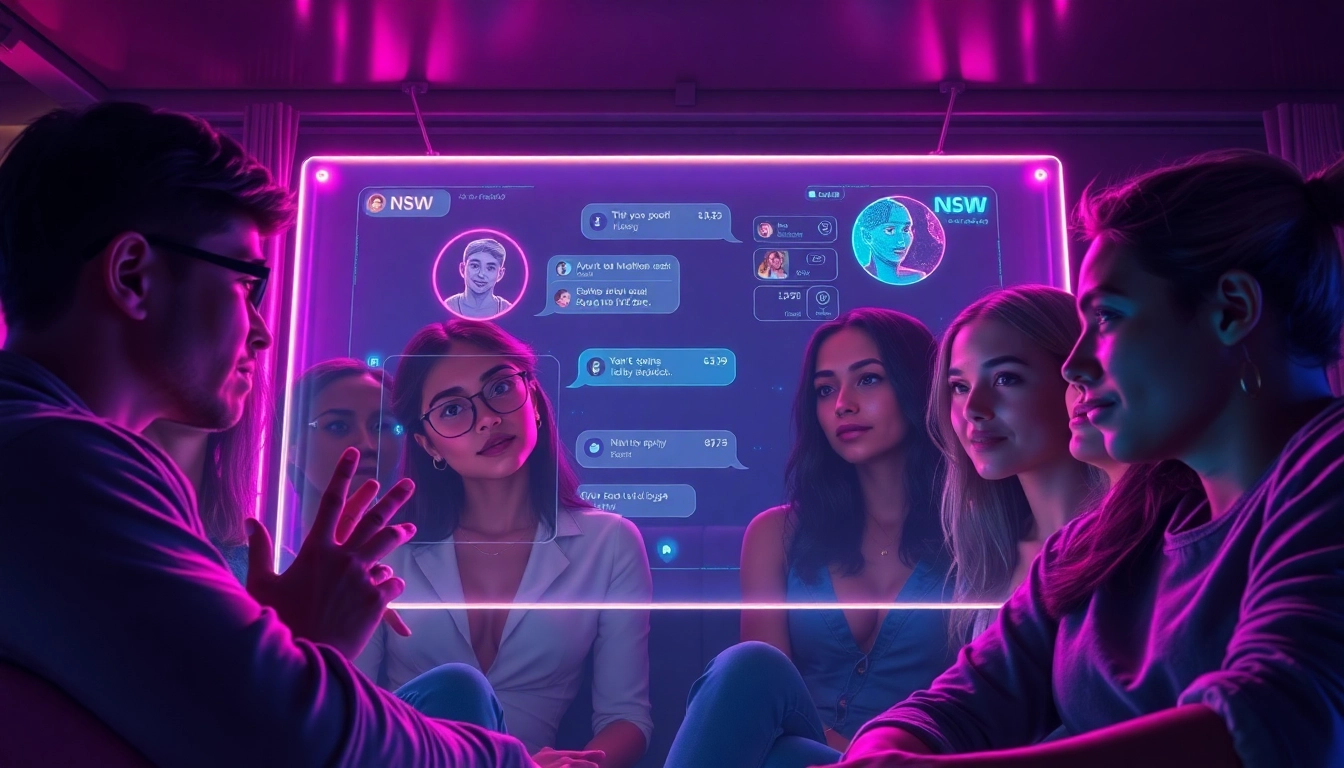 Futuristic scene of young adults interacting with holographic AI chat interfaces in a modern, dimly lit room with neon colors.