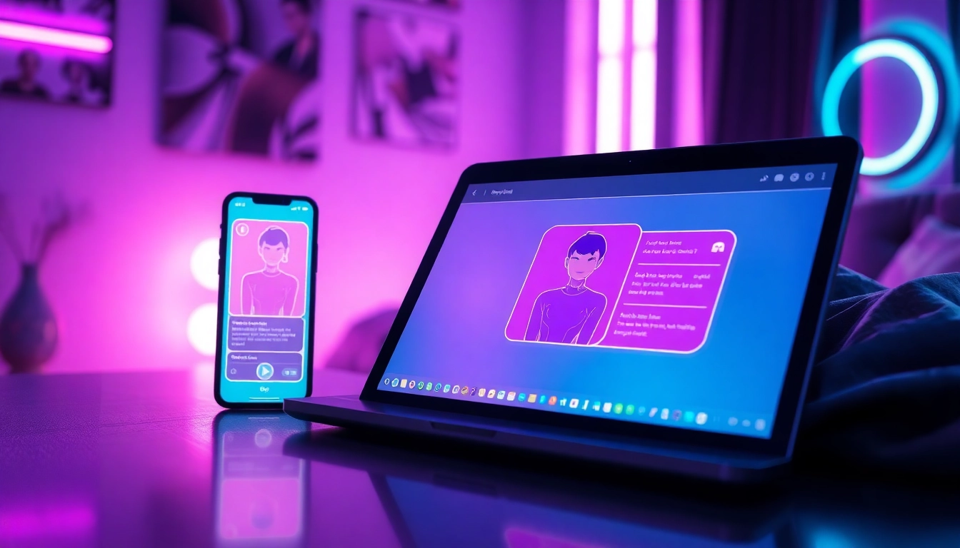Close-up of a smartphone and laptop displaying AI chat interfaces with seductive characters in a neon-lit room.