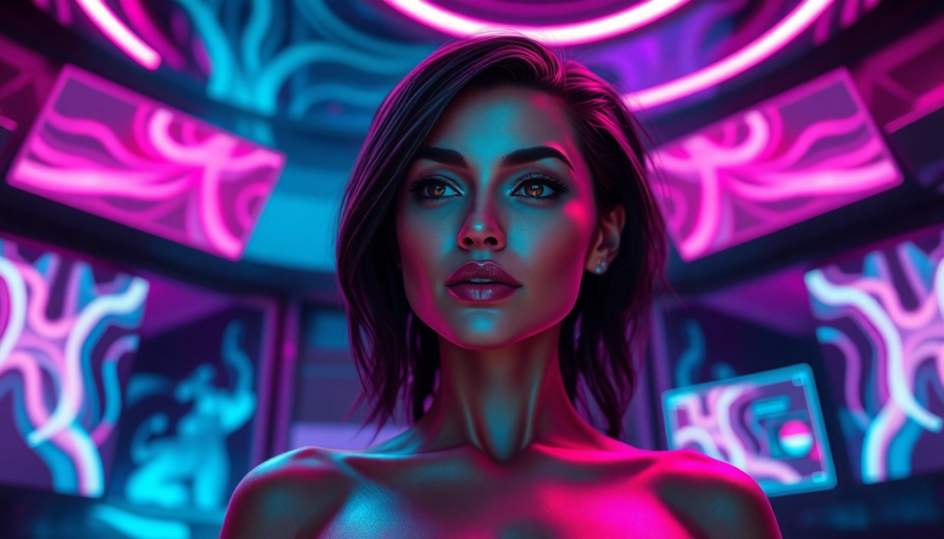 A futuristic digital environment with an attractive AI character engaging in a sensual conversation amidst neon-lit holographic interfaces.