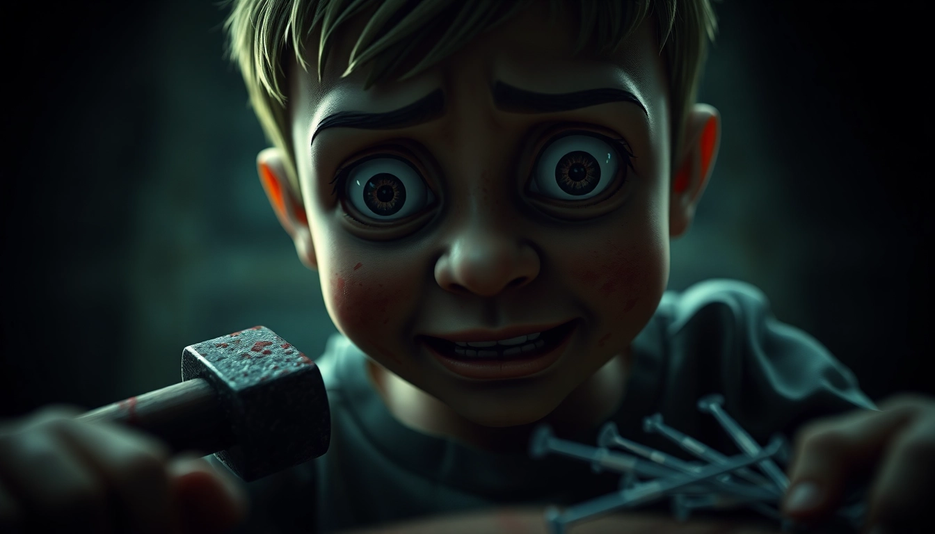 An unsettling image of Harvey, a cheerful character showing fear and pain, surrounded by violent tools and dark shadows, evoking psychological horror.