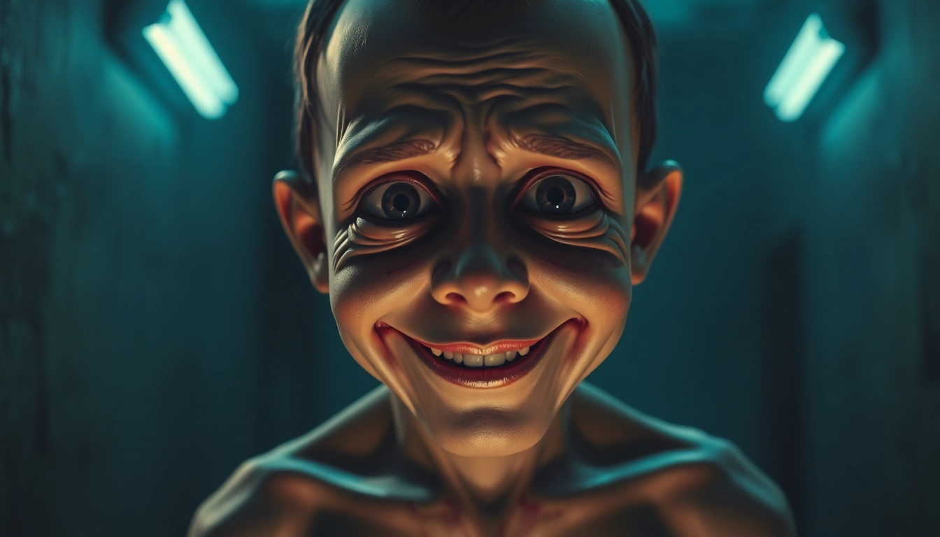 A disturbing scene of a distressed man and a cheerful, unsettling character named Harvey in a dark, tense setting.