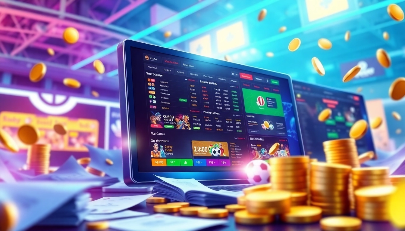 Illustration of an online sportsbook and casino platform with vibrant colors and engaging betting interface.
