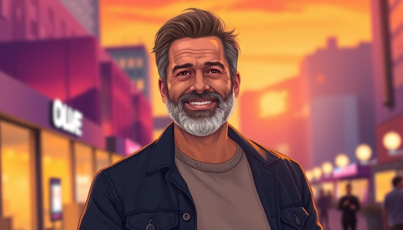 A confident man in his 40s standing in a city at sunset, smiling warmly.