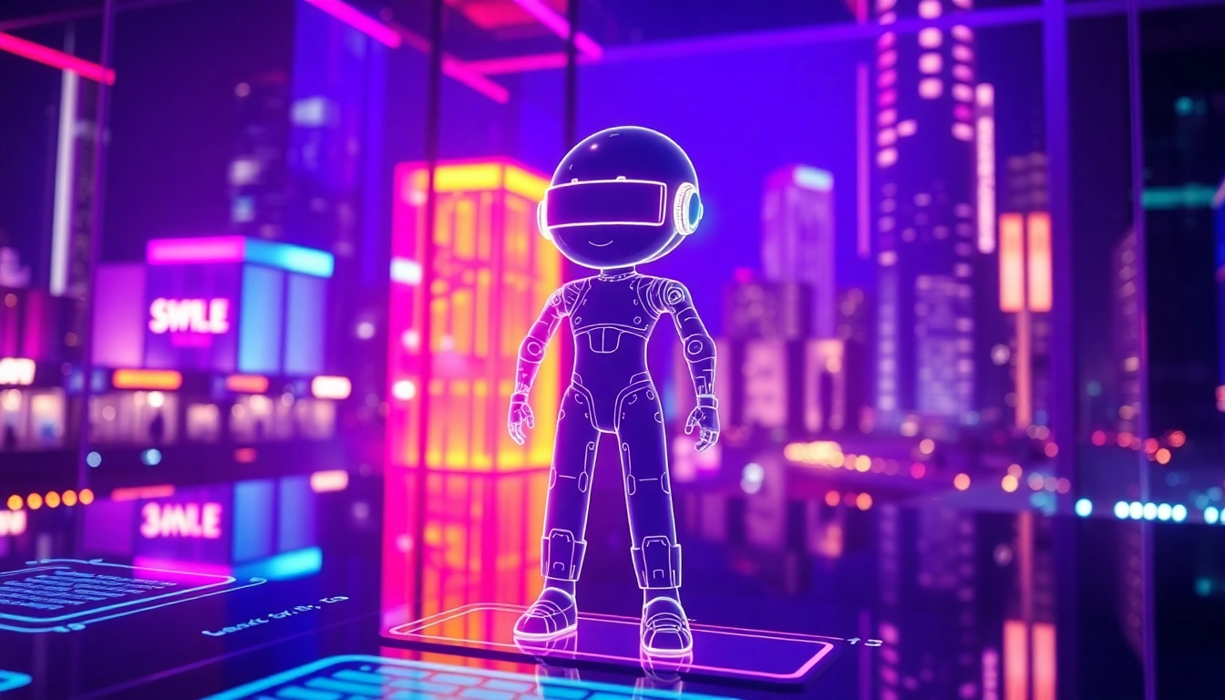 Futuristic digital chat environment with holographic AI character and neon cityscape