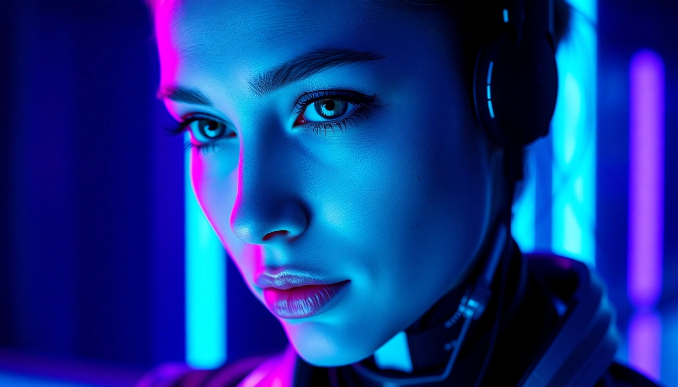 NSFW AI Generator-inspired cybernetic muse in neon glow, cinematic close-up