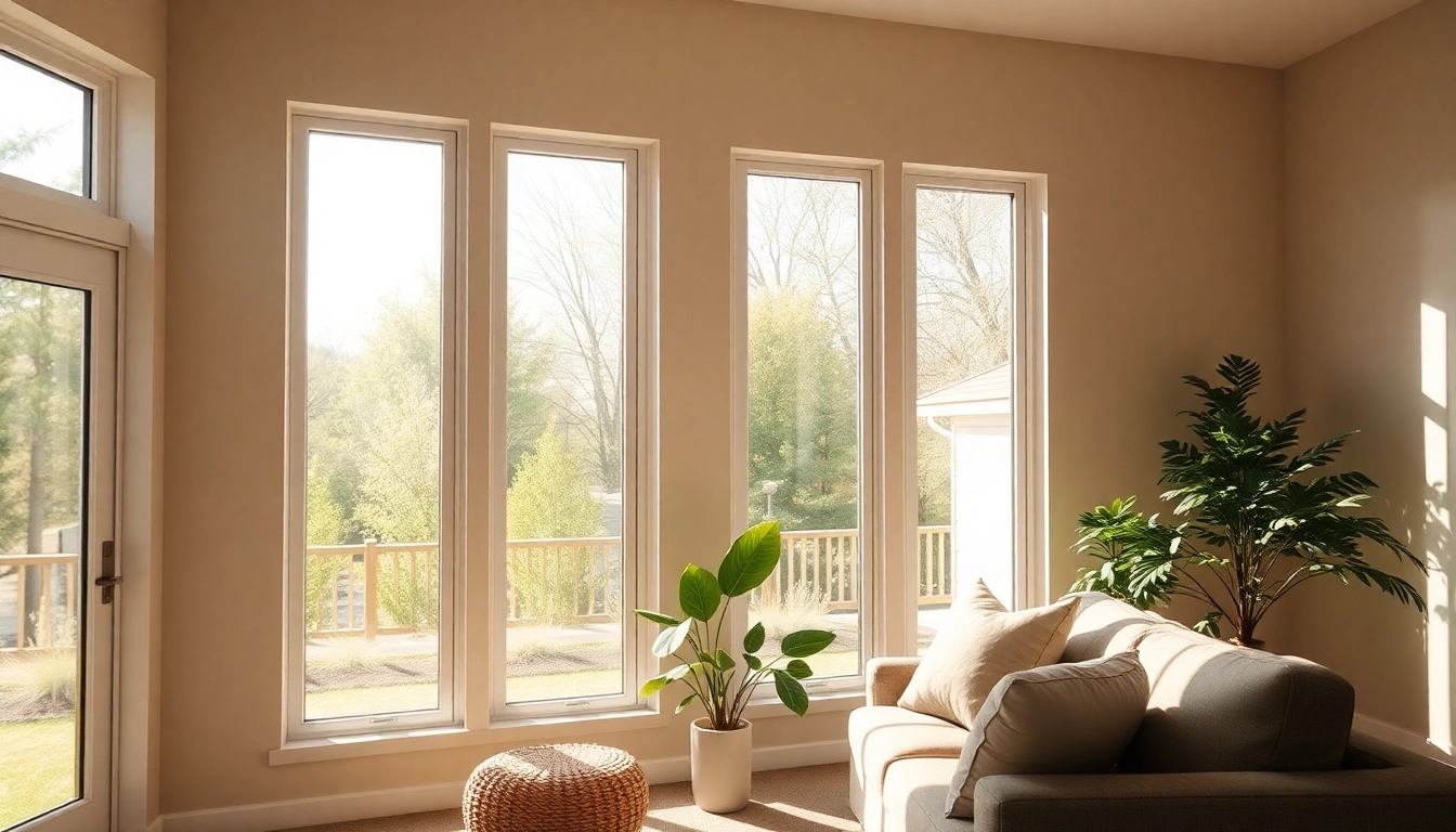 Replacement Windows brighten a modern living room with energy efficiency.