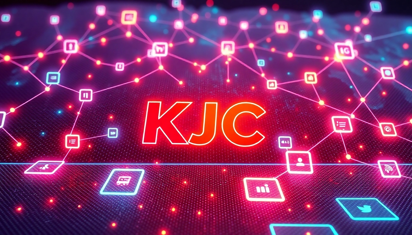 KJC logo displayed prominently within a vibrant interconnected global entertainment network,
