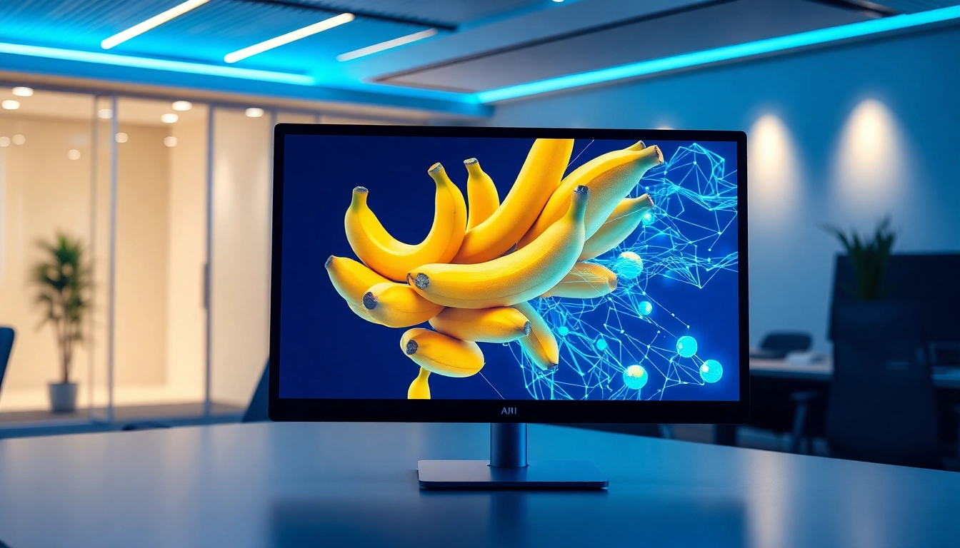 A futuristic workspace with a monitor showcasing AI-generated banana artwork in a sleek, modern setting.
