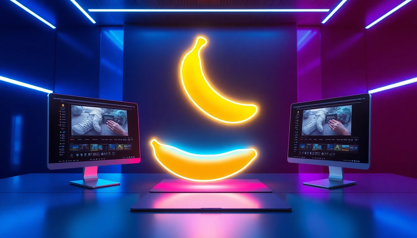 Futuristic AI interface with a glowing banana and holographic editing tools in a high-tech workspace.