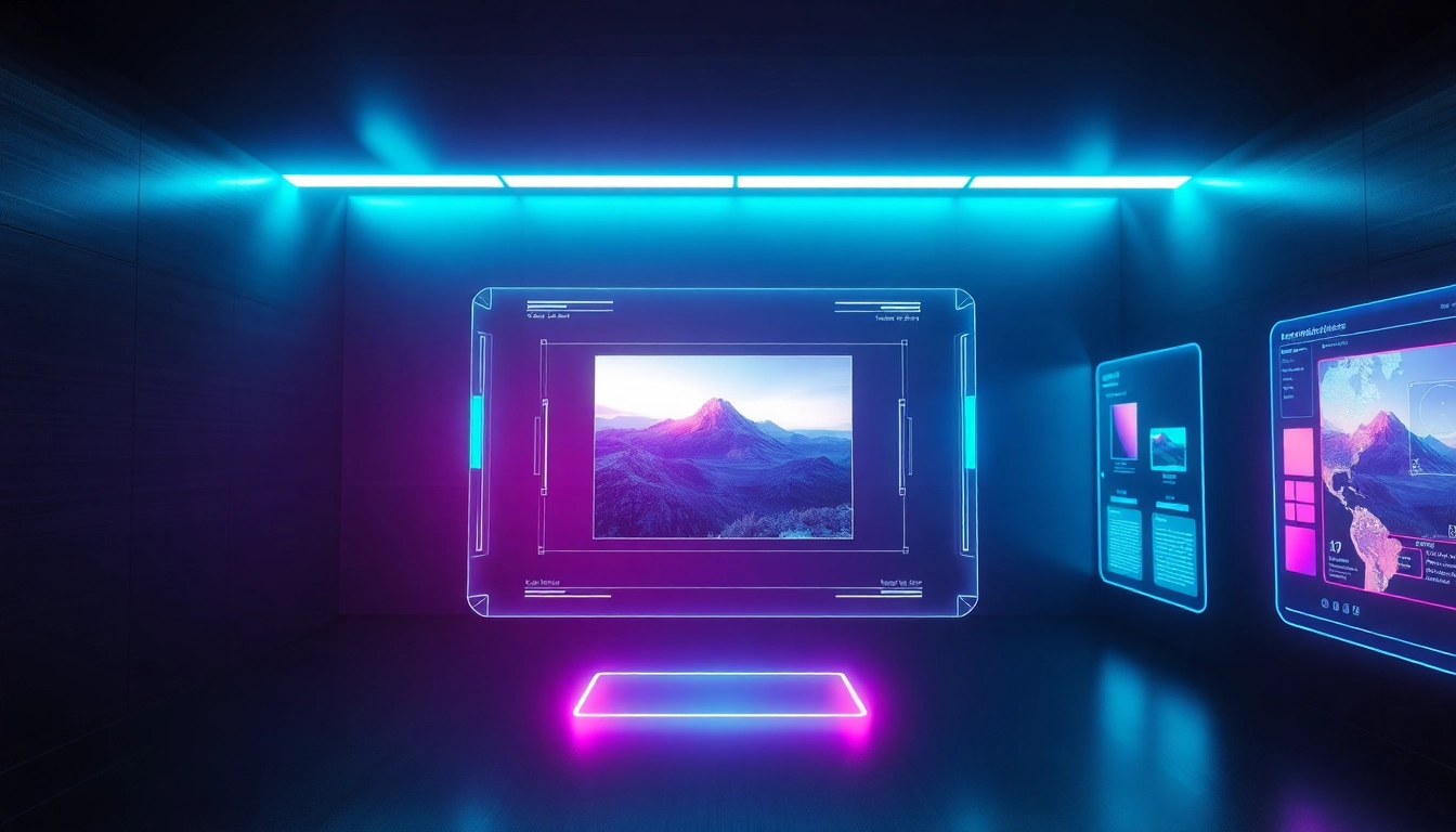 Futuristic AI interface with holographic image editing display in a modern tech environment.