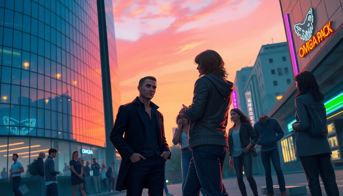 Urban scene at dusk featuring diverse individuals representing alpha and omega roles in a modern city setting.