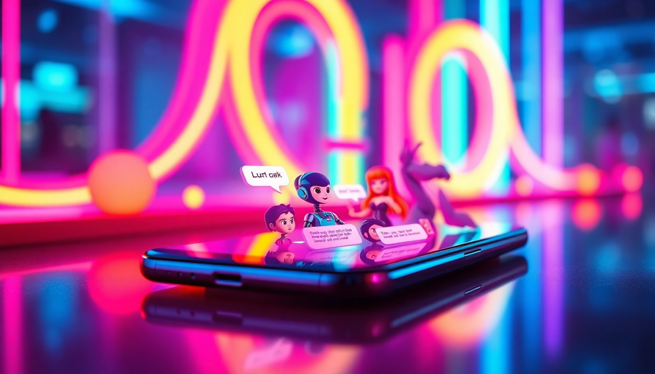 Close-up of a smartphone displaying animated AI character conversations with neon lighting and a modern tech aesthetic.