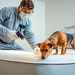 Technicus controleert een matras op bedwantsen met detectiehond in een moderne slaapkamer.