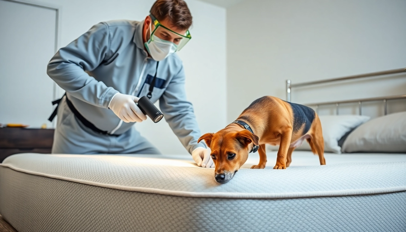 Technicus controleert een matras op bedwantsen met detectiehond in een moderne slaapkamer.