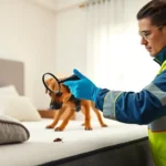An inspector with a detection dog checking a bed for bedbugs in a clean bedroom.