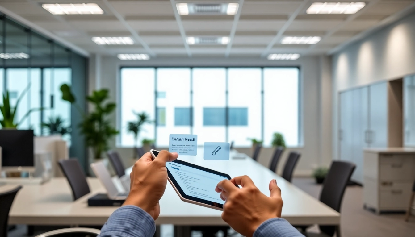 Sarkari Result updates displayed on a tablet in a professional office setting