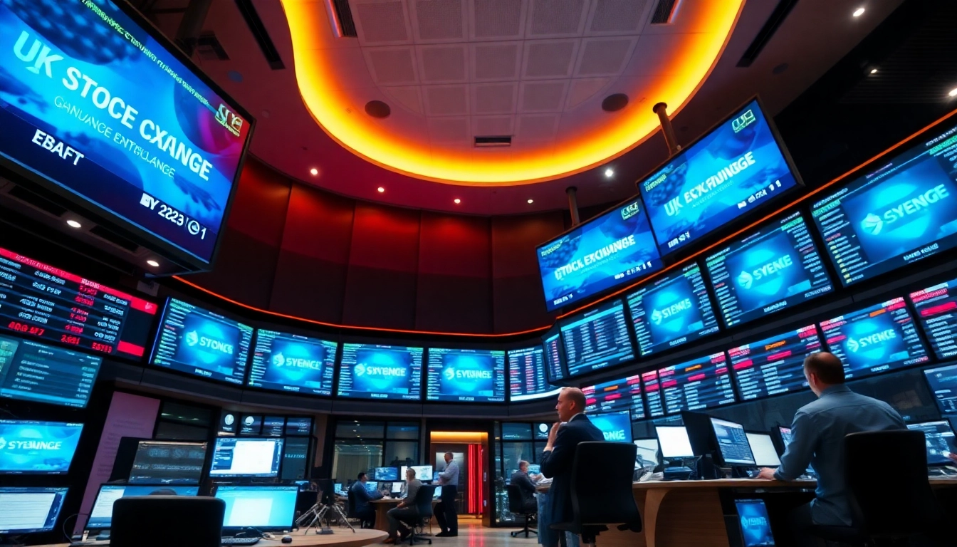 UK Stock Exchange News updates displayed on trading screens during live market analysis in a