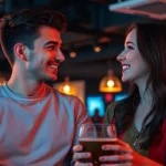 The image shows a playful scene of plans cul between two attractive young adults having fun in