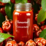 Tamarind Concentrate bottle with fresh tamarind pods and leaves, highlighting quality and