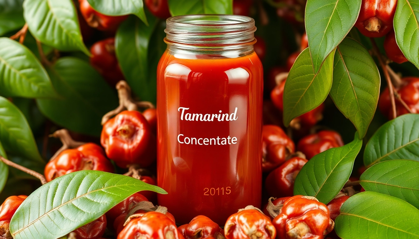 Tamarind Concentrate bottle with fresh tamarind pods and leaves, highlighting quality and