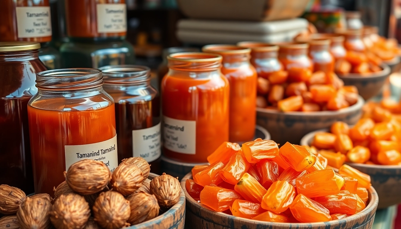 Tamarind Concentrate in jars with fresh tamarind pods highlighting rich color and texture for